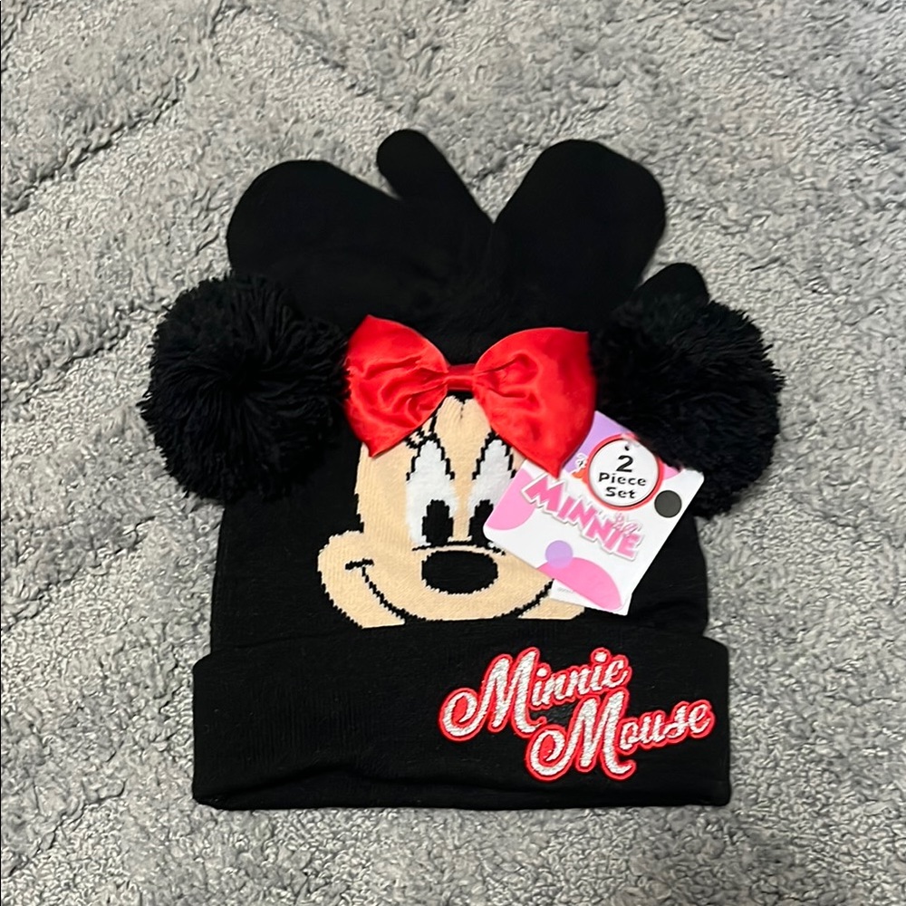 Black and Red Knit Minnie Mouse Hat with Pom Pom ears
